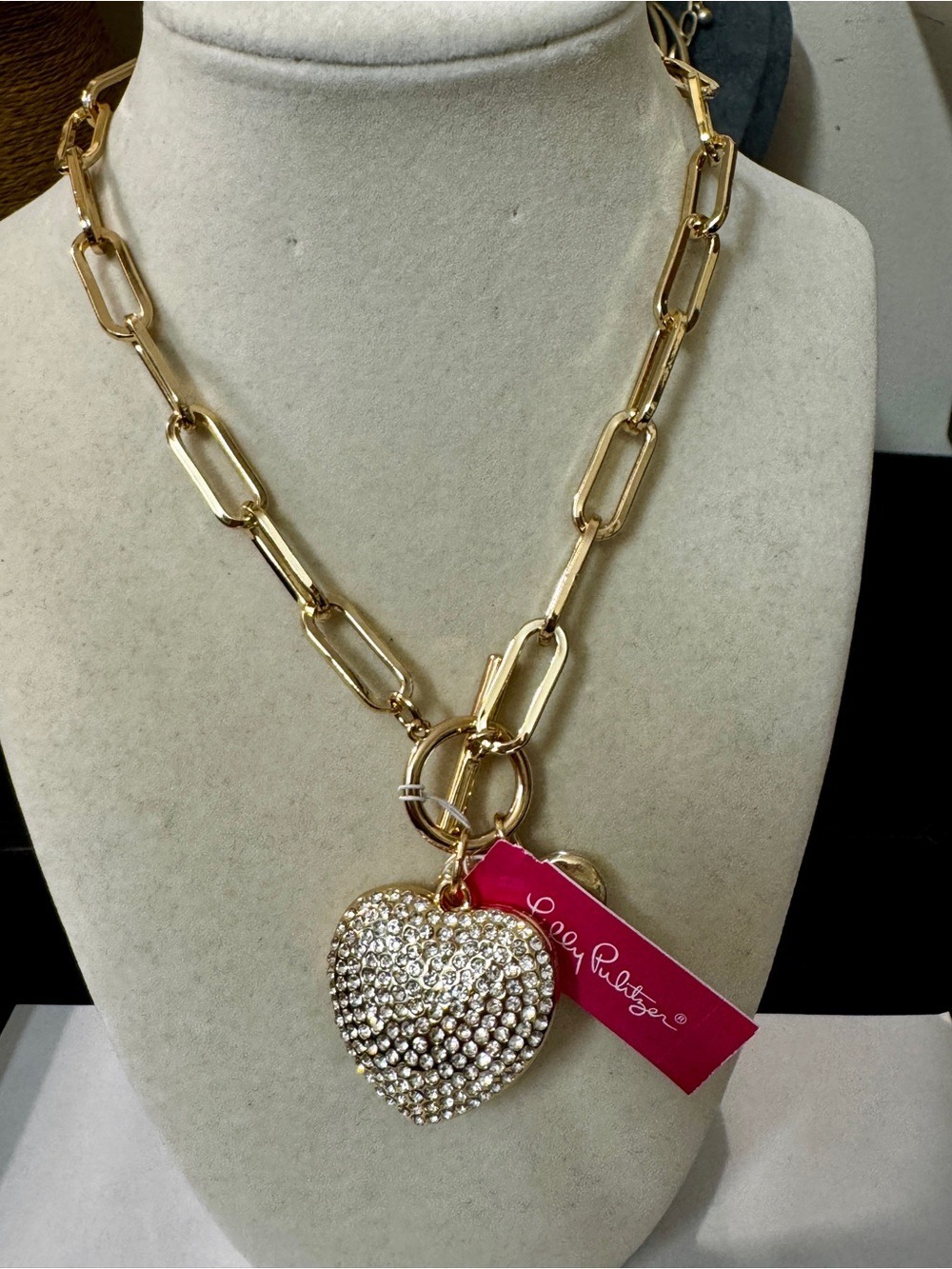 Lilly Pulitzer Gold-Tone Crystal Heart Pendant Necklace with Pink Tag